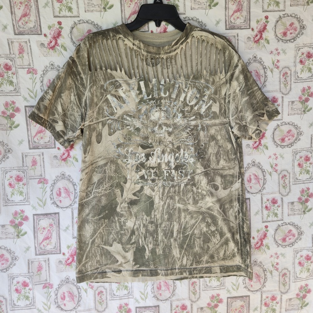 Affliction Live Fast Camo T Shirt Womens Large Distressed Graphic Tee Y2K